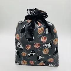 グレー　ハチワレ猫&鞠模様　御朱印帳袋 大判サイズ　巾着袋 和柄　ハンドメイド