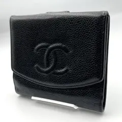 キャビアスキン　CHANEL ブラック レザー 二つ折り財布　小銭入れ付　ココのサムネイル