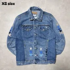 ネイティブ刺繍花柄パッチワークデニムジャケット一点物XSサイズライトブルー