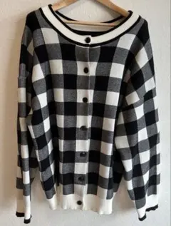 w closet ブロックチェック ニットカーディガン 黒 白 ユニセックス