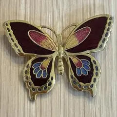 えんじ色/ゴールド 蝶々 ブローチ