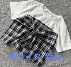 チェック切替リボン半袖TシャツM 新品