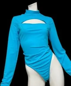 光沢ライトブルー ストレッチレオタード バレエ Lサイズ ハイレグ