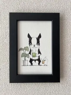 ボストンテリア コーヒータイム手描きイラスト原画
