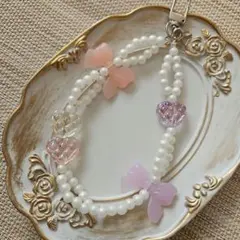 リボンとハートのビーズ携帯ストラップ　春カラー