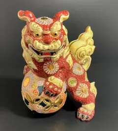 美品】九谷焼 特大 玉乗り獅子 約30cm 赤盛 金彩 魔除け 開運 置物