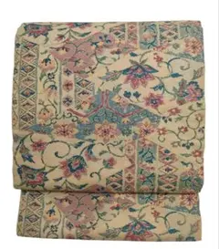 名古屋帯 更紗花文様 オレンジベージュ 短尺315㎝　紬織　金糸使いのサムネイル