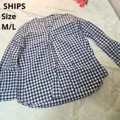 【オシャレ⭐SHIPS】紺　白　ギンガムチェック　ノーカラーシャツ　M/L