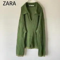 ZARA オーバーサイズ ポロ ニットセーター　薄手　透かし編み　グリーン可愛い