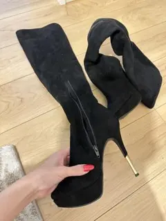 ブラックスエードロングブーツ 高ヒール