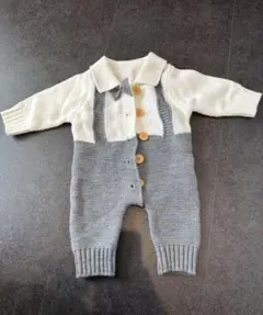 グレー/ホワイト ニットロンパース 1-3M