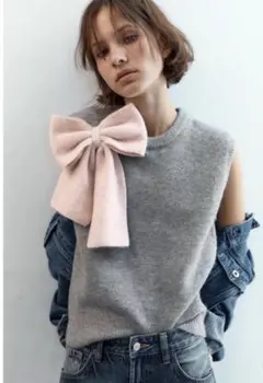 ZARA クルーネックニットベスト リボン グレーのサムネイル