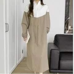 大きいサイズ レディース ロング　ワンピース　カーキ　春 秋冬 新品 長袖
