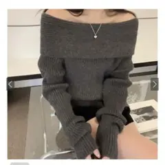 オフショルダーリブニット ダークグレー