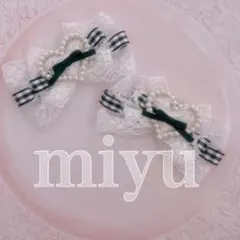 ヘアクリップ（スウィートハート♡レース♡チェック黒）ロリータ　ヘアメ　推し活
