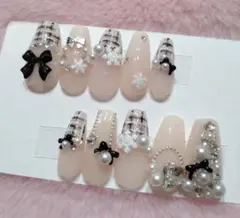 ネイル チップ 黒 ツイード クリスマス 冬 リース ツリー ワンホン 現品