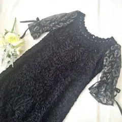 フォーマルワンピース パーティードレス ブラック ビジュー レース 刺繍 M