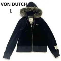 VON DUTCH ファー付きベルベットパーカー 刺繍ロゴ ブラック L Y2K