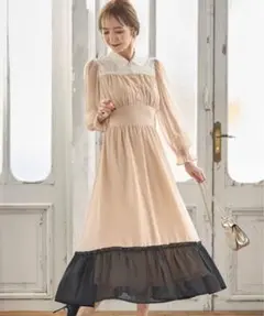 パール釦レース切り替えジョーゼットワンピース