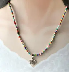 ビーズネックレスy2k　カラフル　ハート　［Ａ１８]