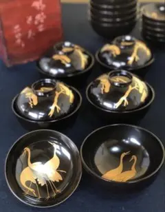 特価♪《レ》黒塗 鶴松蒔絵 吸物椀10客 木製漆器 木箱　251117え2