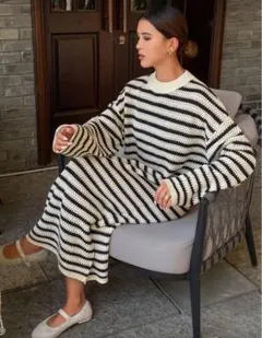 鍵編み　ボーダーニットワンピース　Lsize