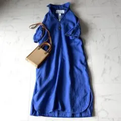美品✨エストネーション リネン100% Vネックロングワンピース ブルー