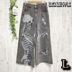 【ROMWE】ロムウィー　パンツ　L　スカル　ワイド　デニム　ブラック