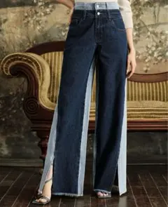 ダークブルー・ライトブルー ワイドレッグデニムパンツ M