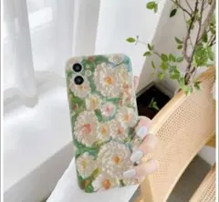 韓国 iPhone13pro iPhoneケース スマホケース 花柄　グリーン