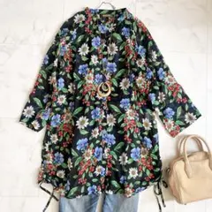 フェイラー コットン100% 七分袖 シアーシャツ　バンドカラー 花柄