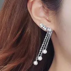 三連 パール 真珠 タッセル ピアス シルバー 韓国 ぶらぶら #C204-2