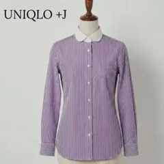 美品 ＋J ユニクロ ラウンドカラーストライプシャツ S 紫白