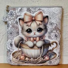 フラットポーチ うさぎとねこ柄 レモン 両面パネル ❤️ハンドメイド