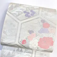 袋帯　牡丹　菊花　松竹梅　楓　流水　亀甲模様　白地　銀糸　着物　014tz