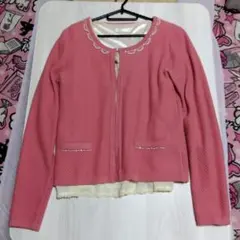 ピンク 長袖カーディガン　パール 　レース装飾付　アンサンブル