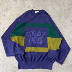 ヴィンテージ マルチカラー ニット セーター 古着 レトロ　配色　刺繍　パープル