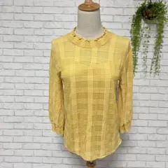 【イング】トップス　ブラウス　チェック　イエロー　透け感　M 七分袖