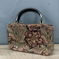 3F【昭和レトロ】ビンテージ ビーズ刺繍 ハンドバッグ 花柄 アンティーク