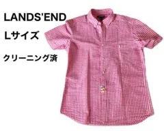 LANDS'ENDランズエンド半袖シャツチェック柄ピンク Lボタンダウンワッフルのサムネイル