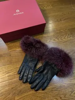 AIGNER | レザーグローブ ファー付き 手袋 ボルドー ドイツ製