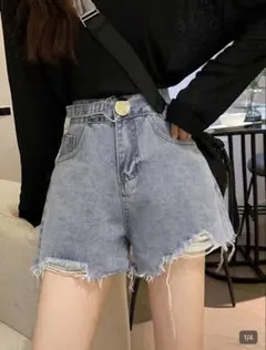 ハイウエスト デニムショートパンツ ダメージ加工