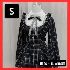 【新品】長袖レディース ブラックチェック ワンピース リボン レース 量産地雷系
