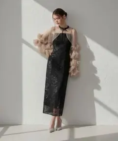フリルチュールスリーブリボンIラインワンピースドレス結婚式