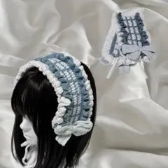 【 現品限り 】 編み物 かぎ針編み ヘッドドレス チェック リボン ブルー