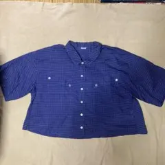 GIO SPORTチェック柄 半袖シャツ 紫✖️黒　裾広がり　ショート丈　Mサイズのサムネイル