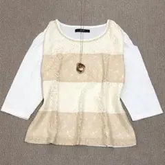 SHOO LA RUE 5分袖カットソー　レース切替 Tシャツ　個性的【M】