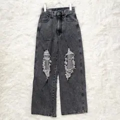 ウィゴー ダメージワイドデニムパンツ 黒 (XS) 綿100% クラッシュ加工のサムネイル