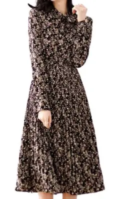 ワンピース 小花柄 ウエストゴム ギャザー 膝丈 長袖 レディース 【M】