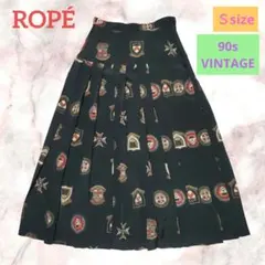 90s VINTAGE❕ROPÉ エンブレム柄 プリーツスカート ミディ丈 黒のサムネイル